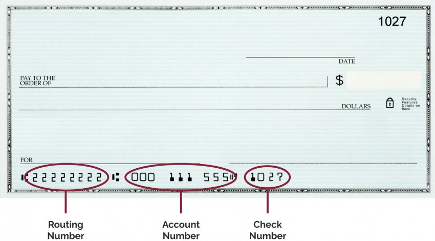 Check with routing number highlighted in lower left